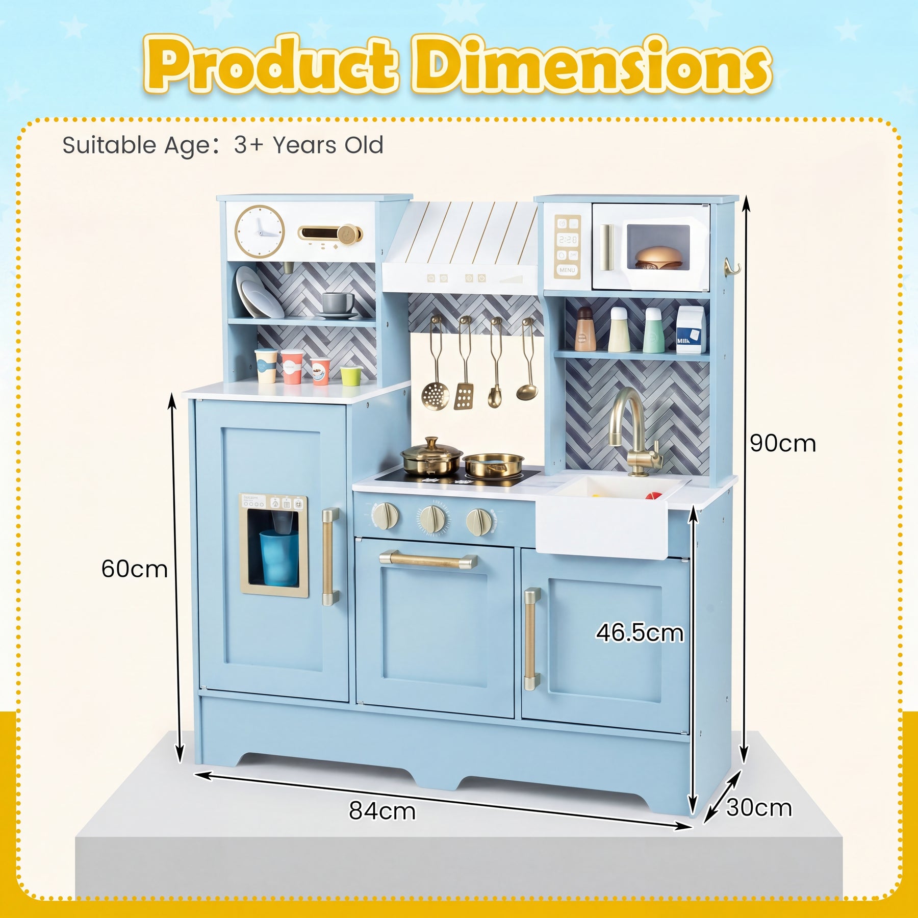 Wooden Play Kitchen for Kids, Kids Kitchen Playset with Coffee Station, Microwave, Range Hood, Ice Dispenser