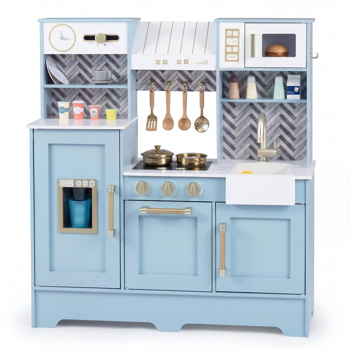 Wooden Play Kitchen for Kids, Kids Kitchen Playset with Coffee Station, Microwave, Range Hood, Ice Dispenser