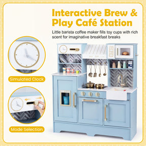 Wooden Play Kitchen for Kids, Kids Kitchen Playset with Coffee Station, Microwave, Range Hood, Ice Dispenser