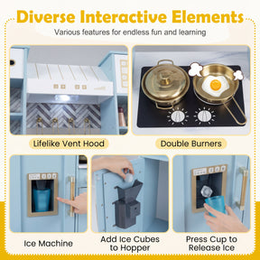 Wooden Play Kitchen for Kids, Kids Kitchen Playset with Coffee Station, Microwave, Range Hood, Ice Dispenser