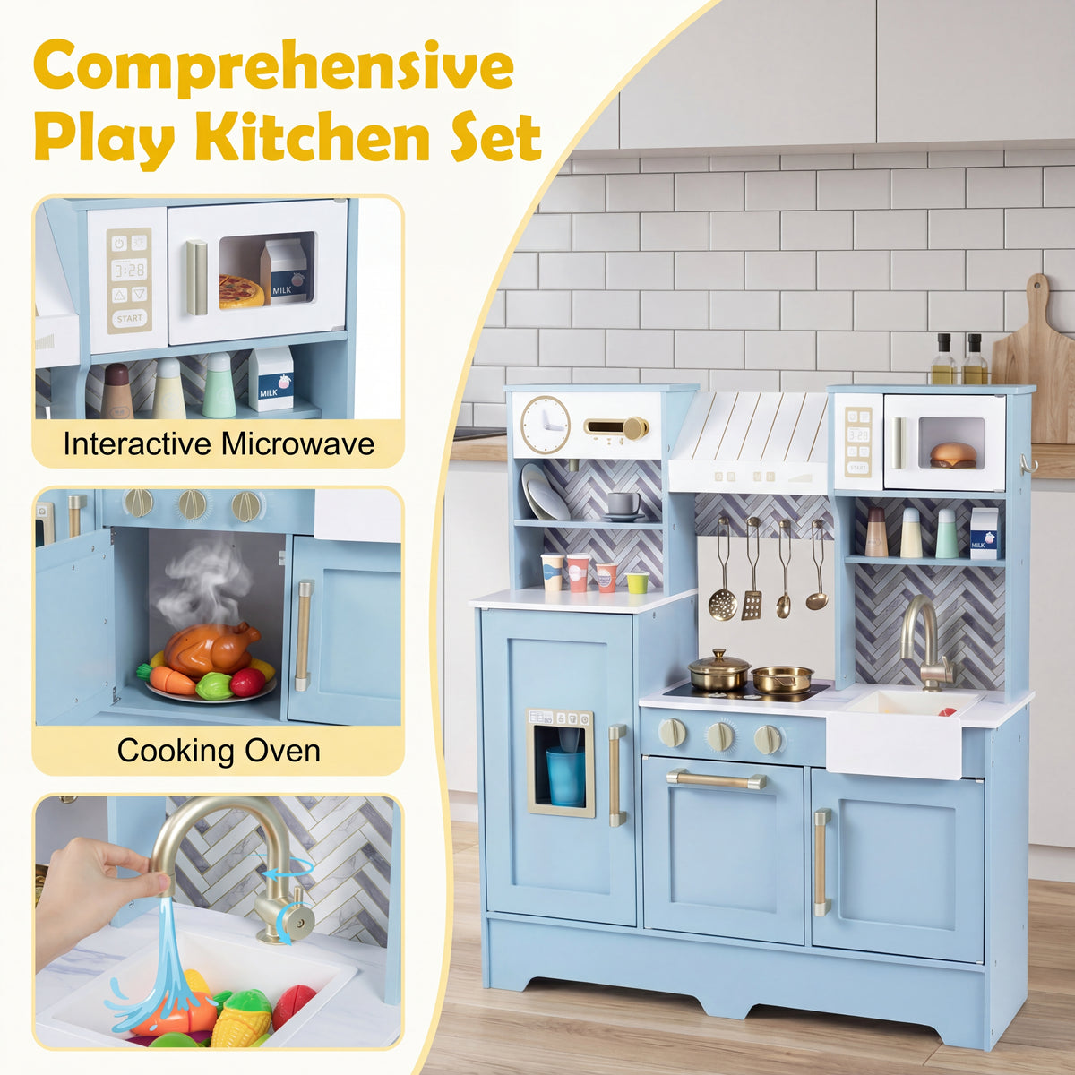 Wooden Play Kitchen for Kids, Kids Kitchen Playset with Coffee Station, Microwave, Range Hood, Ice Dispenser