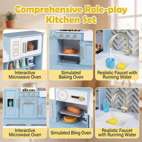 Wooden Play Kitchen for Kids, Kids Kitchen Playset with Coffee Station, Microwave, Range Hood, Ice Dispenser