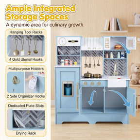 Wooden Play Kitchen for Kids, Kids Kitchen Playset with Coffee Station, Microwave, Range Hood, Ice Dispenser