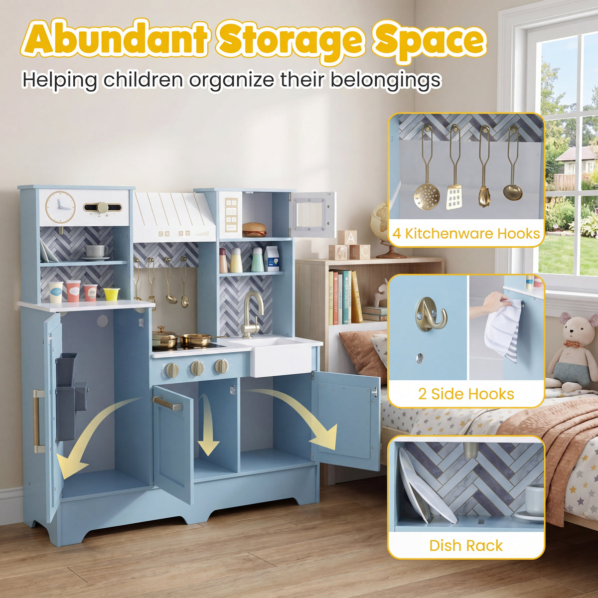 Wooden Play Kitchen for Kids, Kids Kitchen Playset with Coffee Station, Microwave, Range Hood, Ice Dispenser