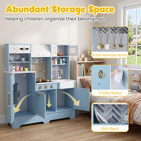 Wooden Play Kitchen for Kids, Kids Kitchen Playset with Coffee Station, Microwave, Range Hood, Ice Dispenser