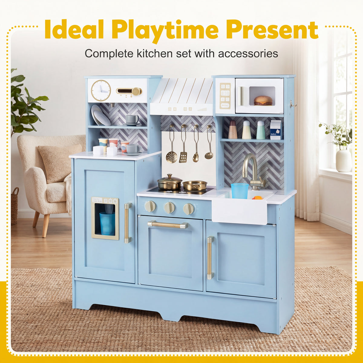 Wooden Play Kitchen for Kids, Kids Kitchen Playset with Coffee Station, Microwave, Range Hood, Ice Dispenser