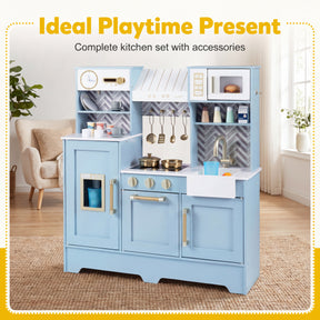 Wooden Play Kitchen for Kids, Kids Kitchen Playset with Coffee Station, Microwave, Range Hood, Ice Dispenser