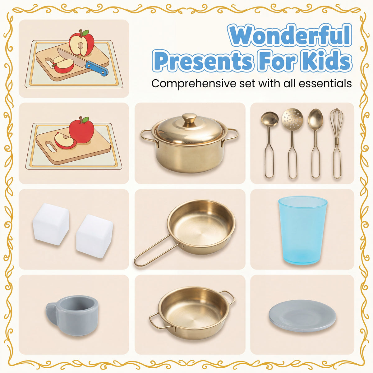 Wooden Play Kitchen for Kids, Kids Kitchen Playset with Coffee Station, Microwave, Range Hood, Ice Dispenser
