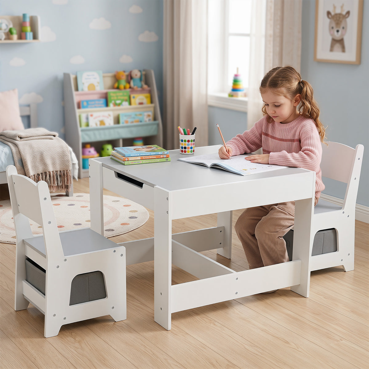 Hikidspace 3-In-1 Kids Multi Activity Table & 2 Chairs Set for Toddlers