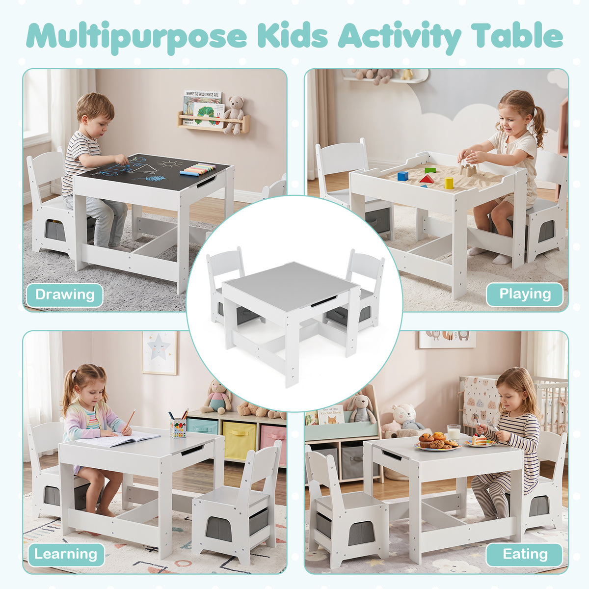 Hikidspace 3-In-1 Kids Multi Activity Table & 2 Chairs Set for Toddlers
