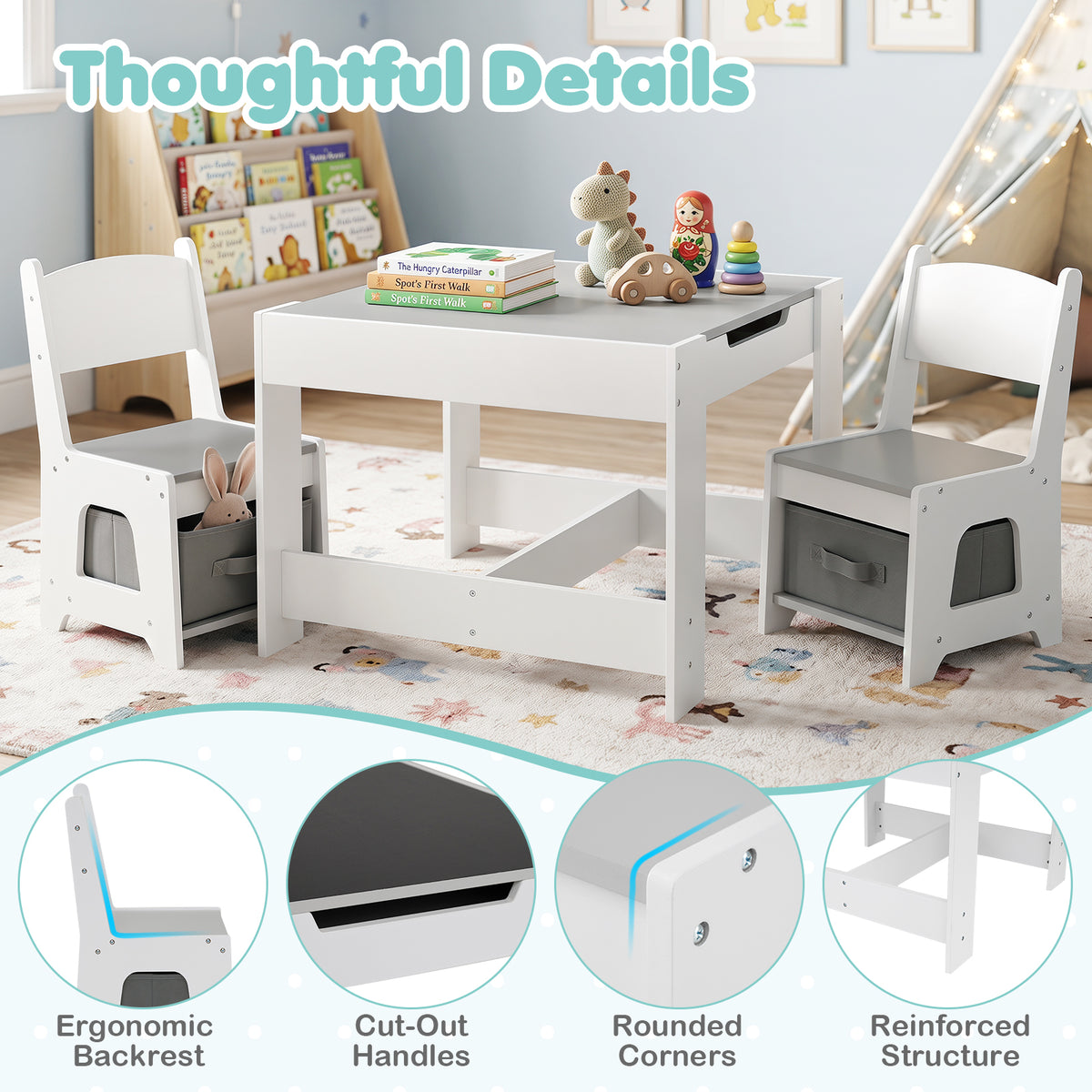 Hikidspace 3-In-1 Kids Multi Activity Table & 2 Chairs Set for Toddlers