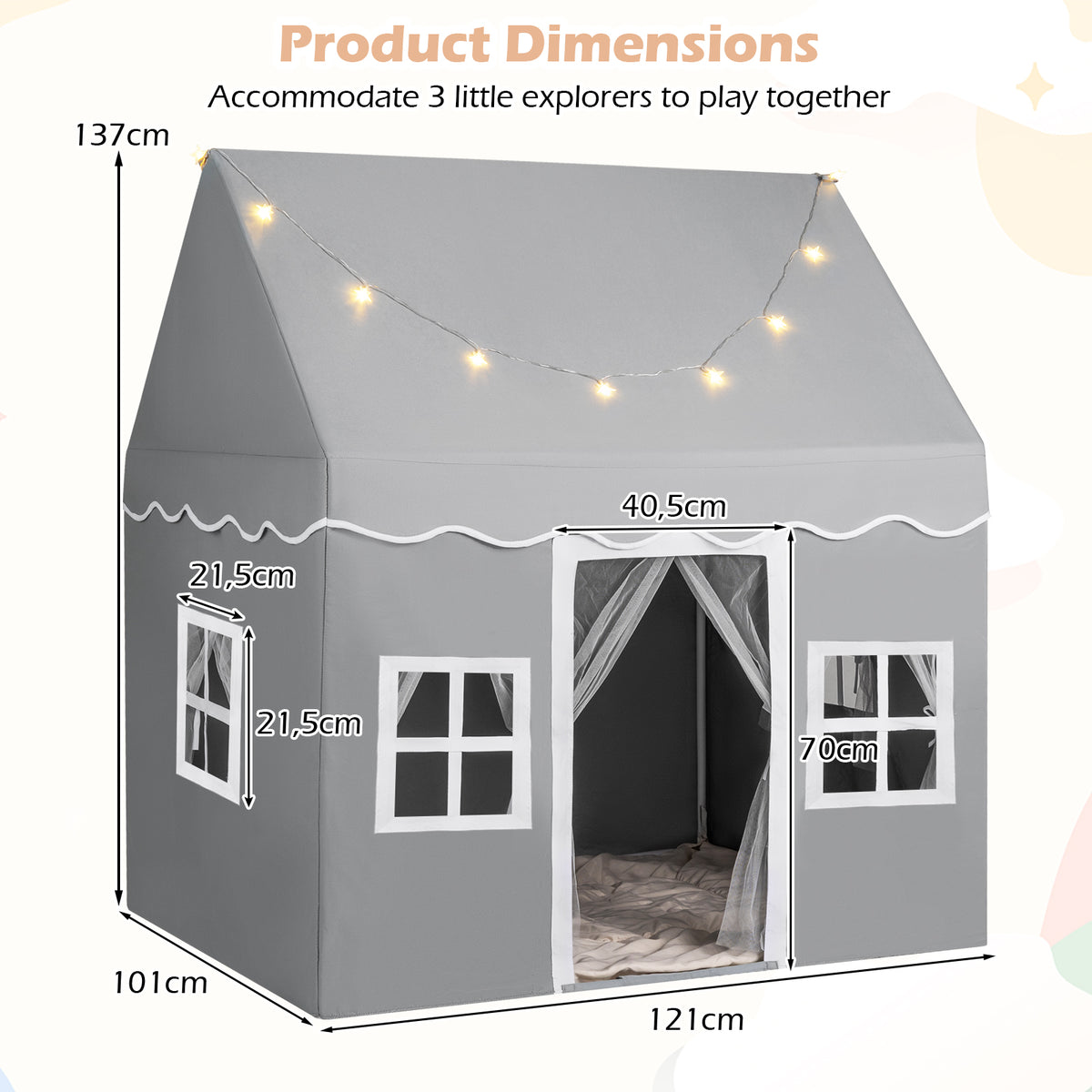 Kids Play Castle Tent Large Playhouse Toys Gifts with Star Lights Washable Mat