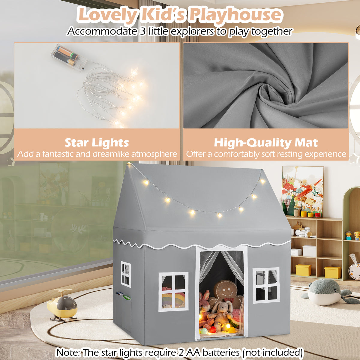 Kids Play Castle Tent Large Playhouse Toys Gifts with Star Lights Washable Mat