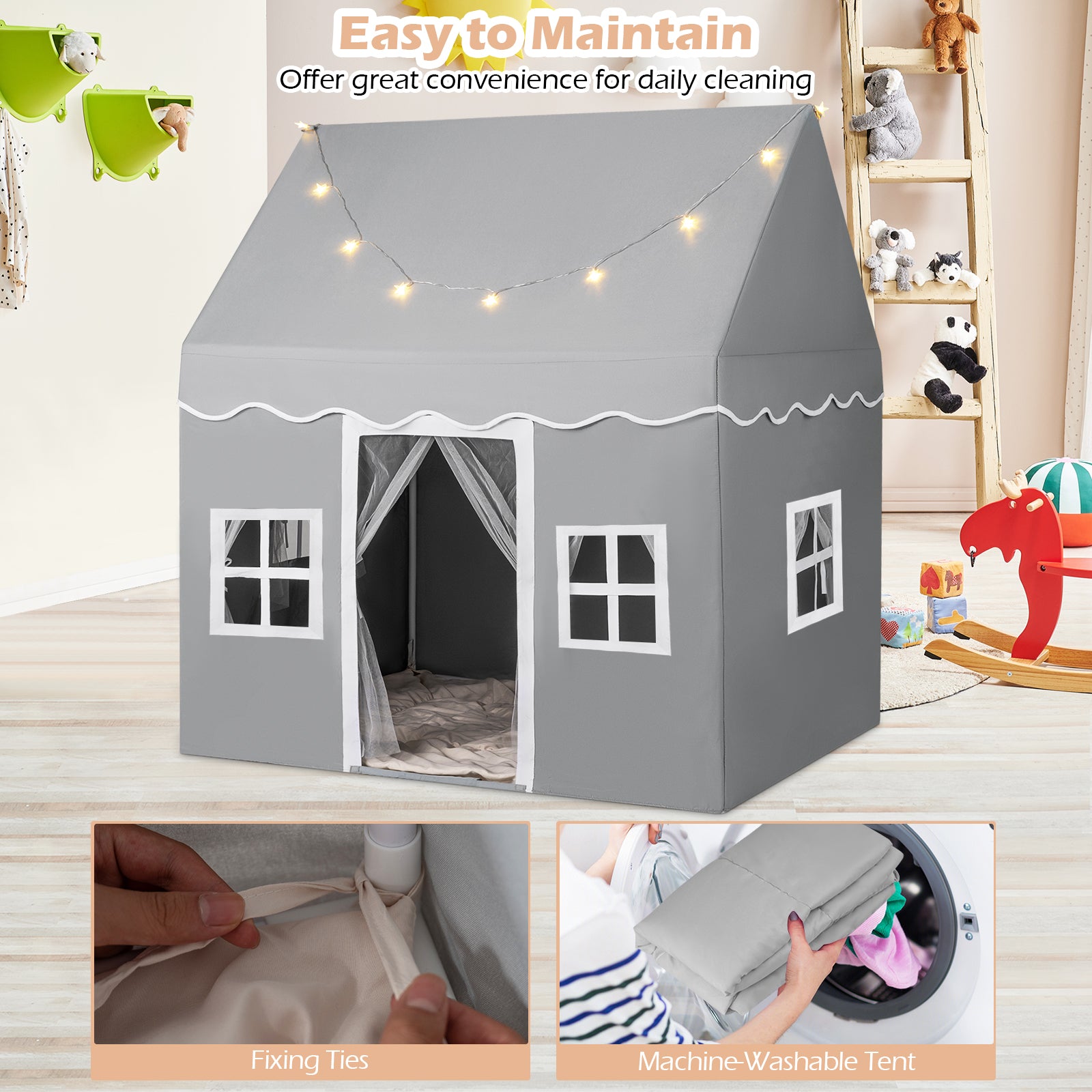 Kids Play Castle Tent Large Playhouse Toys Gifts with Star Lights Washable Mat