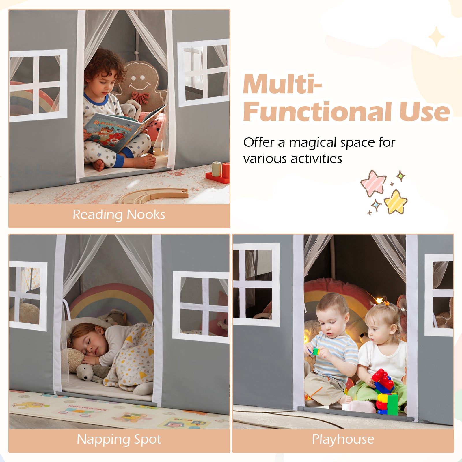 Kids Play Castle Tent Large Playhouse Toys Gifts with Star Lights Washable Mat