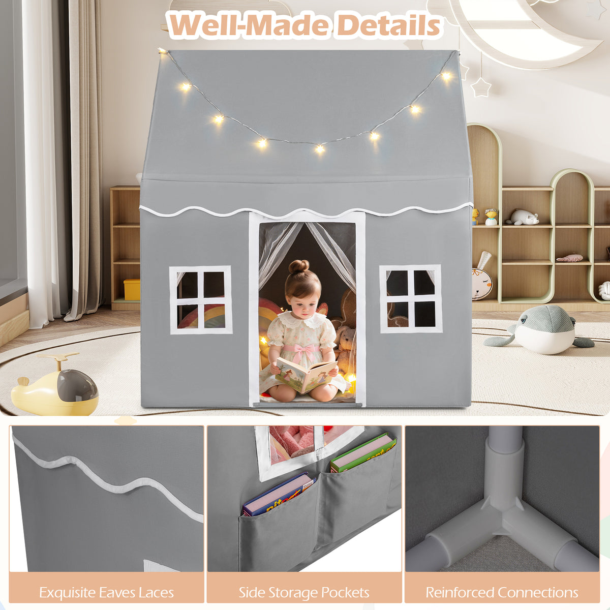 Kids Play Castle Tent Large Playhouse Toys Gifts with Star Lights Washable Mat