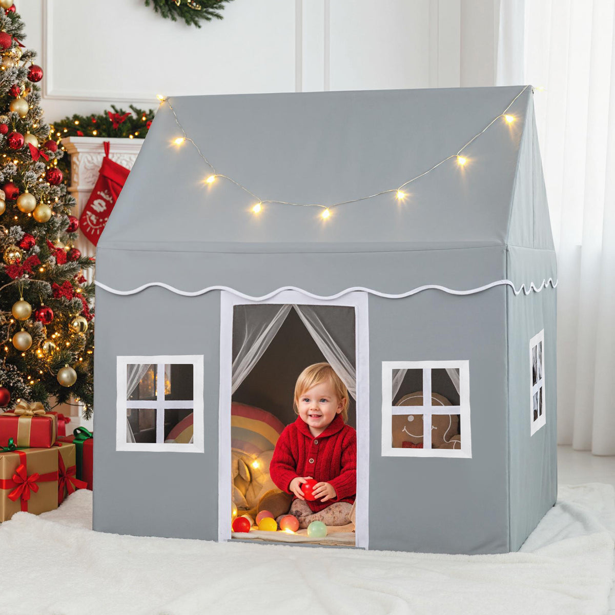 Kids Play Castle Tent Large Playhouse Toys Gifts with Star Lights Washable Mat