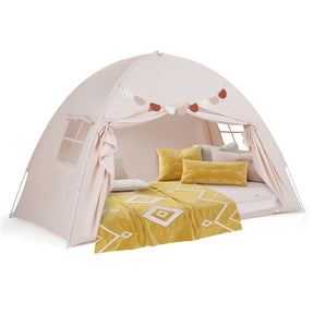 Twin Full Size Bed Tent for Kids, Foldable & Portable Canopy Tent on Twin Bunk Bed with 2 Windows and Flags