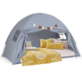 Twin Full Size Bed Tent for Kids, Foldable & Portable Canopy Tent on Twin Bunk Bed with 2 Windows and Flags