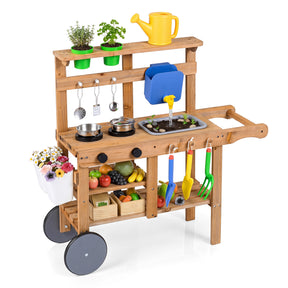 Honey Joy Kids Mud Kitchen, Rolling Outdoor Play Kitchen with Flowerpots, Water Tank, Sink