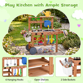 Honey Joy Kids Mud Kitchen, Rolling Outdoor Play Kitchen with Flowerpots, Water Tank, Sink