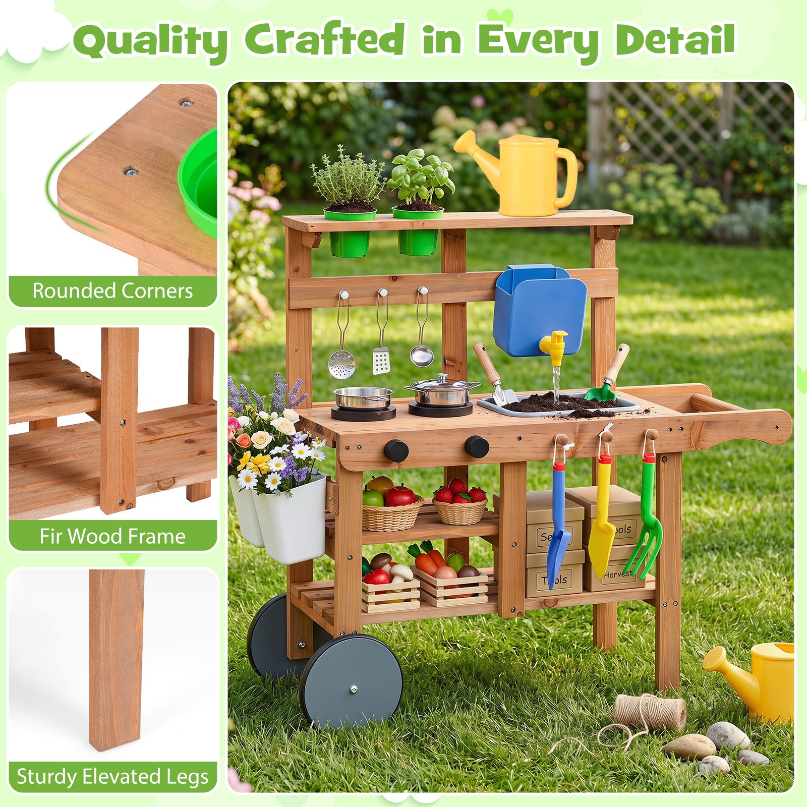 Honey Joy Kids Mud Kitchen, Rolling Outdoor Play Kitchen with Flowerpots, Water Tank, Sink
