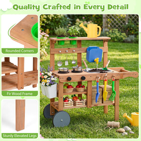 Honey Joy Kids Mud Kitchen, Rolling Outdoor Play Kitchen with Flowerpots, Water Tank, Sink