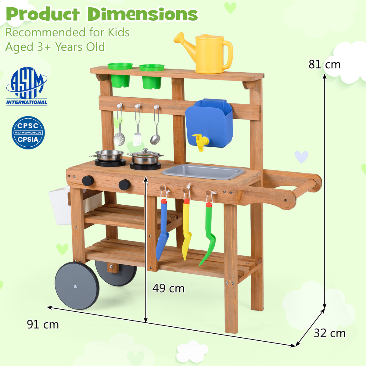 Honey Joy Kids Mud Kitchen, Rolling Outdoor Play Kitchen with Flowerpots, Water Tank, Sink