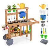Honey Joy Kids Mud Kitchen, Rolling Outdoor Play Kitchen with Flowerpots, Water Tank, Sink