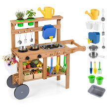 Honey Joy Kids Mud Kitchen, Rolling Outdoor Play Kitchen with Flowerpots, Water Tank, Sink