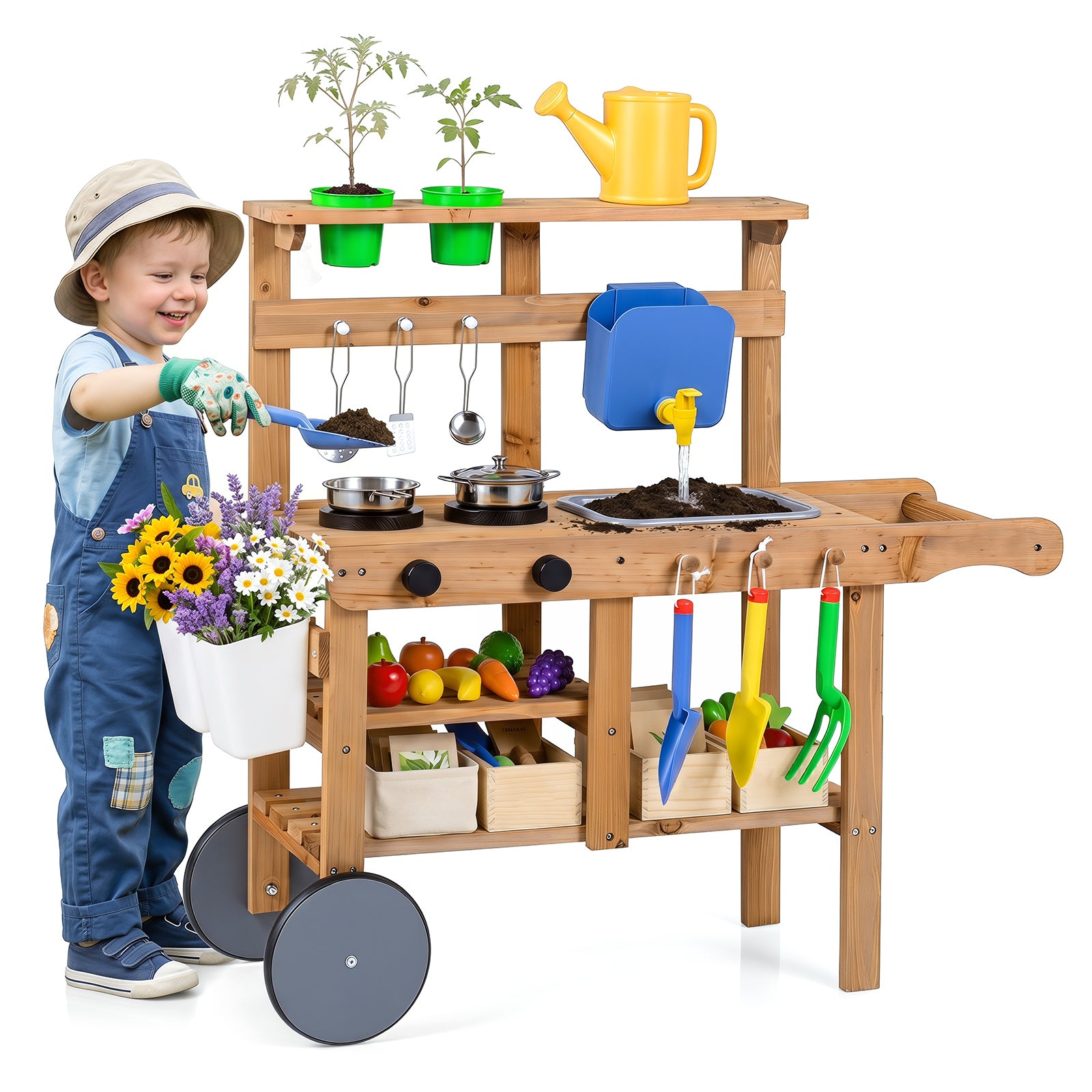 Honey Joy Kids Mud Kitchen, Rolling Outdoor Play Kitchen with Flowerpots, Water Tank, Sink