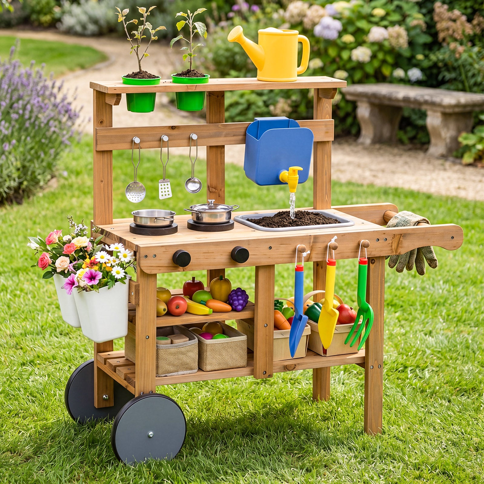 Honey Joy Kids Mud Kitchen, Rolling Outdoor Play Kitchen with Flowerpots, Water Tank, Sink