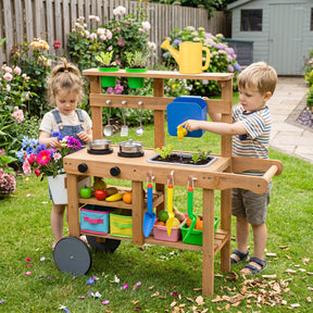 Honey Joy Kids Mud Kitchen, Rolling Outdoor Play Kitchen with Flowerpots, Water Tank, Sink