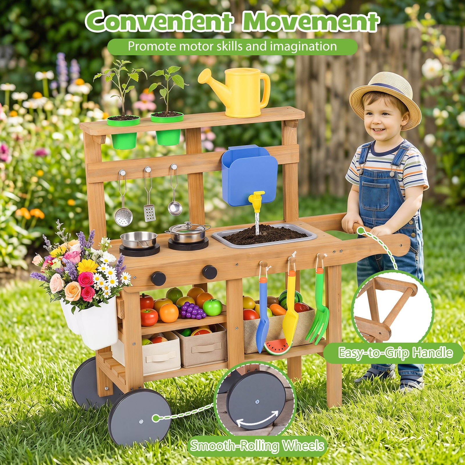 Honey Joy Kids Mud Kitchen, Rolling Outdoor Play Kitchen with Flowerpots, Water Tank, Sink