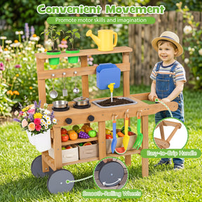 Honey Joy Kids Mud Kitchen, Rolling Outdoor Play Kitchen with Flowerpots, Water Tank, Sink
