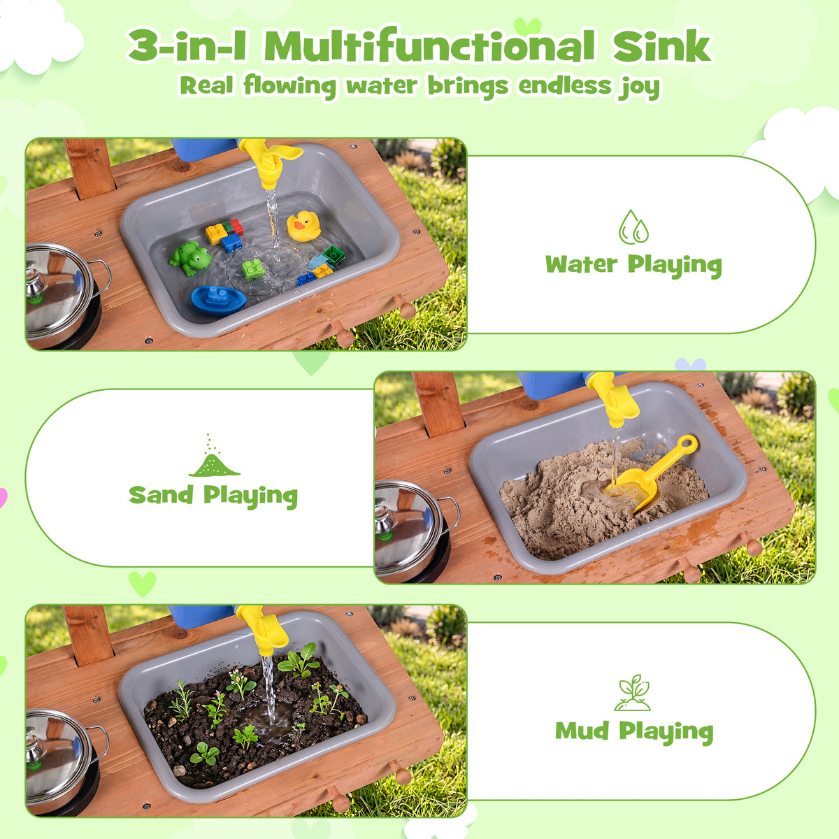 Honey Joy Kids Mud Kitchen, Rolling Outdoor Play Kitchen with Flowerpots, Water Tank, Sink
