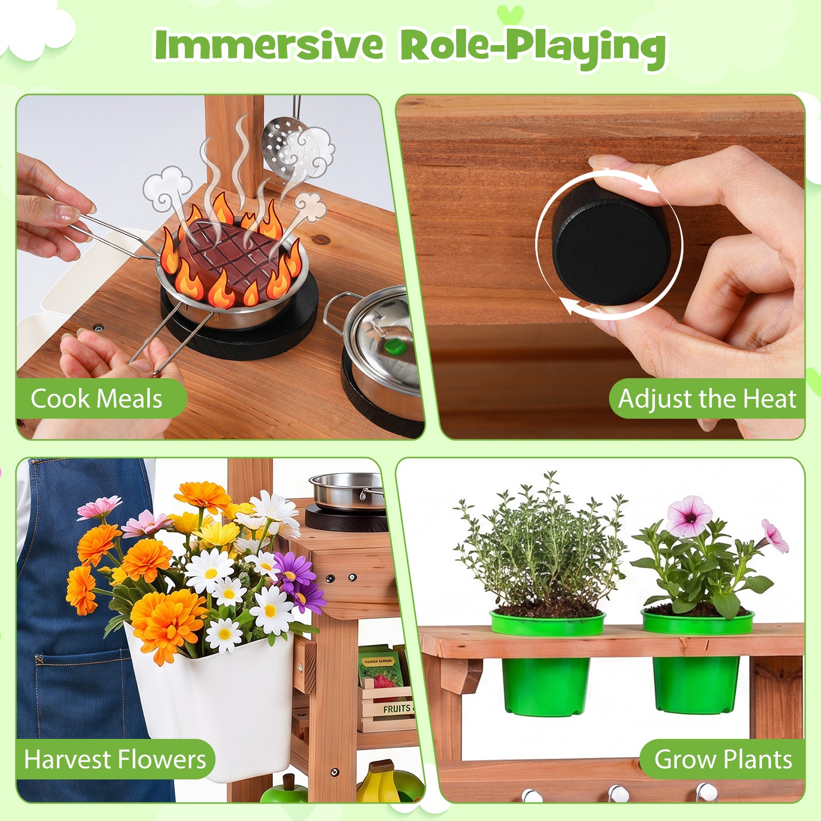 Honey Joy Kids Mud Kitchen, Rolling Outdoor Play Kitchen with Flowerpots, Water Tank, Sink