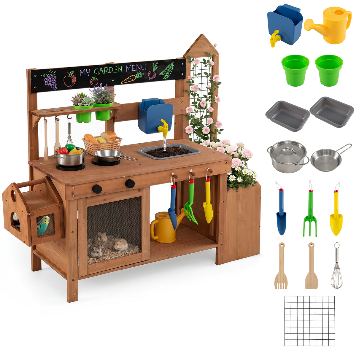 Kids Mud Kitchen, Solid Wood Toddler Kitchen Playset with Detachable Bird Cage, Planter, Trellis