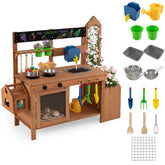 Kids Mud Kitchen, Solid Wood Toddler Kitchen Playset with Detachable Bird Cage, Planter, Trellis