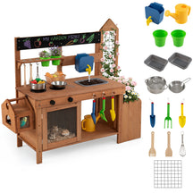 Kids Mud Kitchen, Solid Wood Toddler Kitchen Playset with Detachable Bird Cage, Planter, Trellis