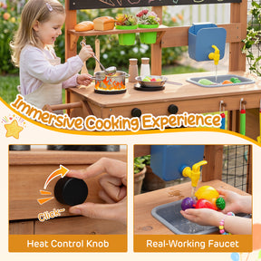 Kids Mud Kitchen, Solid Wood Toddler Kitchen Playset with Detachable Bird Cage, Planter, Trellis