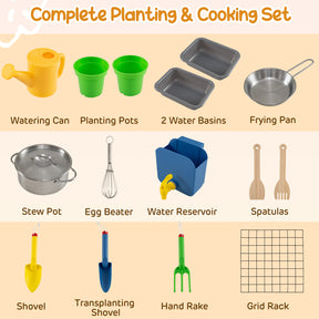 Kids Mud Kitchen, Solid Wood Toddler Kitchen Playset with Detachable Bird Cage, Planter, Trellis