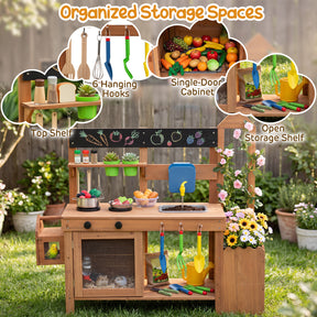 Kids Mud Kitchen, Solid Wood Toddler Kitchen Playset with Detachable Bird Cage, Planter, Trellis