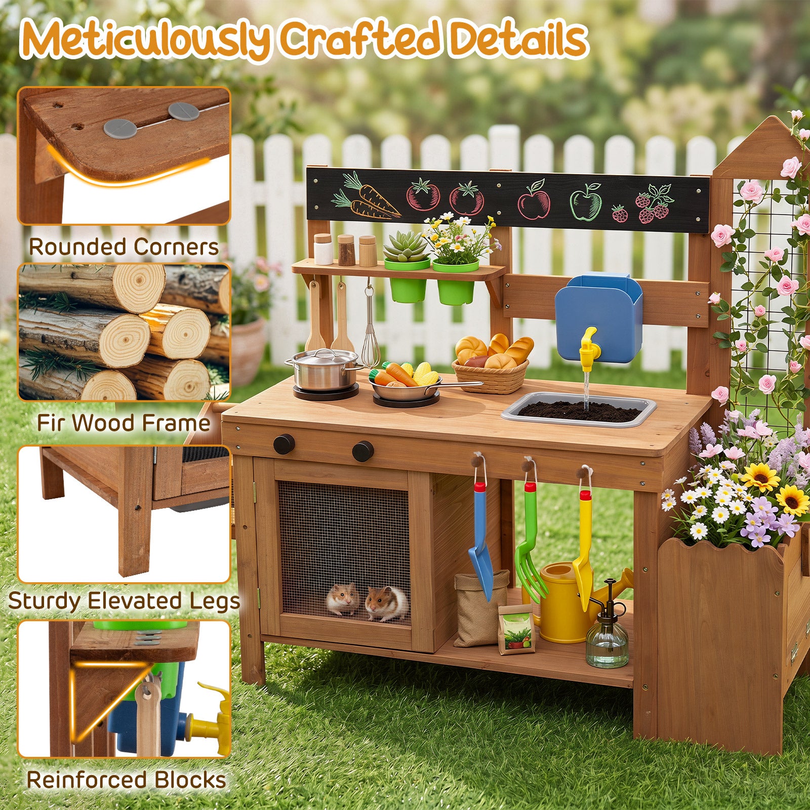 Kids Mud Kitchen, Solid Wood Toddler Kitchen Playset with Detachable Bird Cage, Planter, Trellis