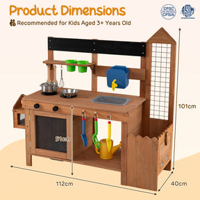 Kids Mud Kitchen, Solid Wood Toddler Kitchen Playset with Detachable Bird Cage, Planter, Trellis