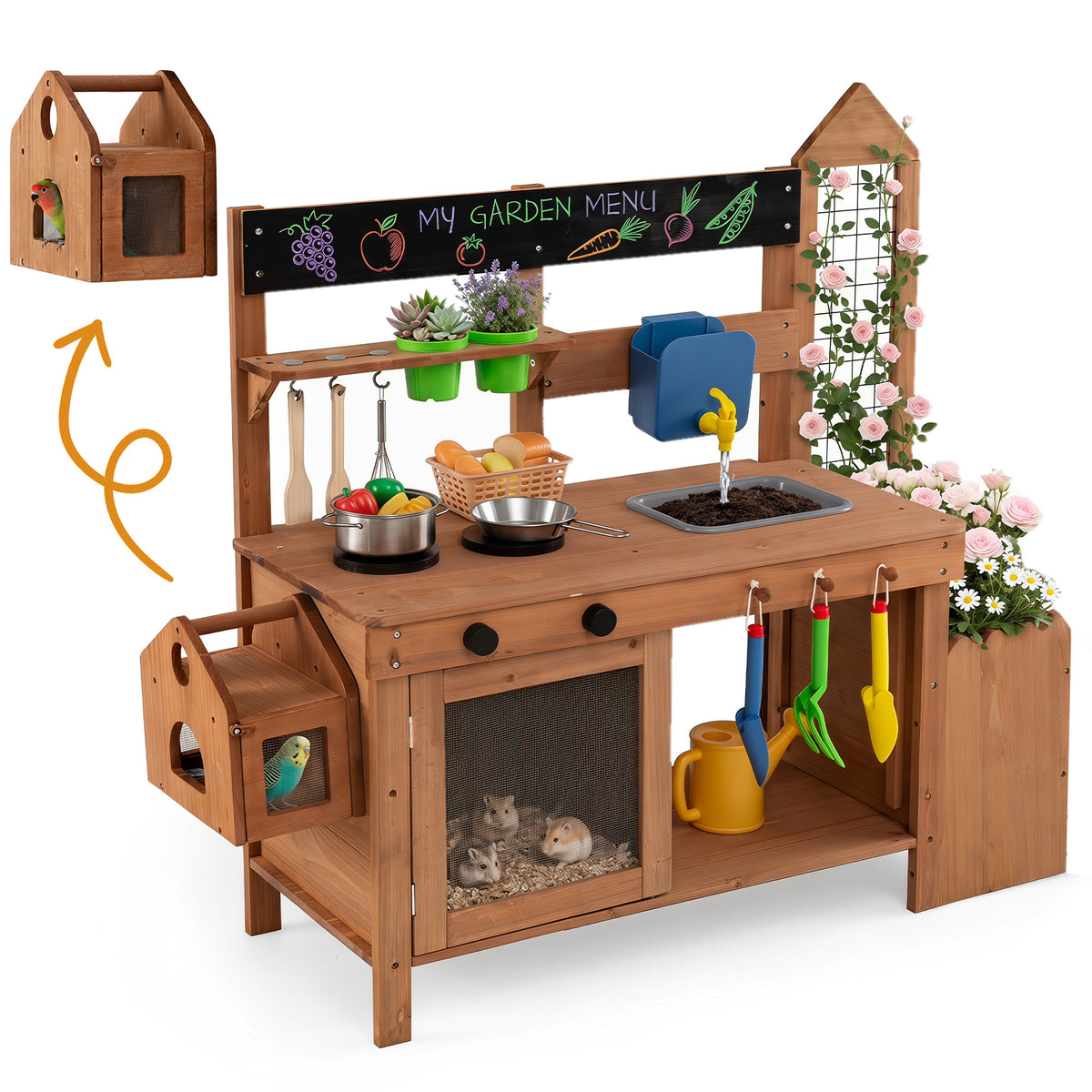 Kids Mud Kitchen, Solid Wood Toddler Kitchen Playset with Detachable Bird Cage, Planter, Trellis