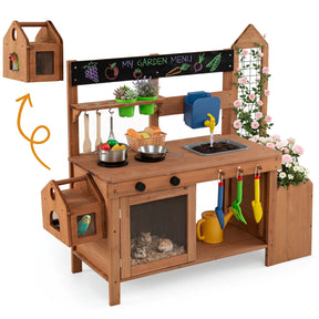 Kids Mud Kitchen, Solid Wood Toddler Kitchen Playset with Detachable Bird Cage, Planter, Trellis