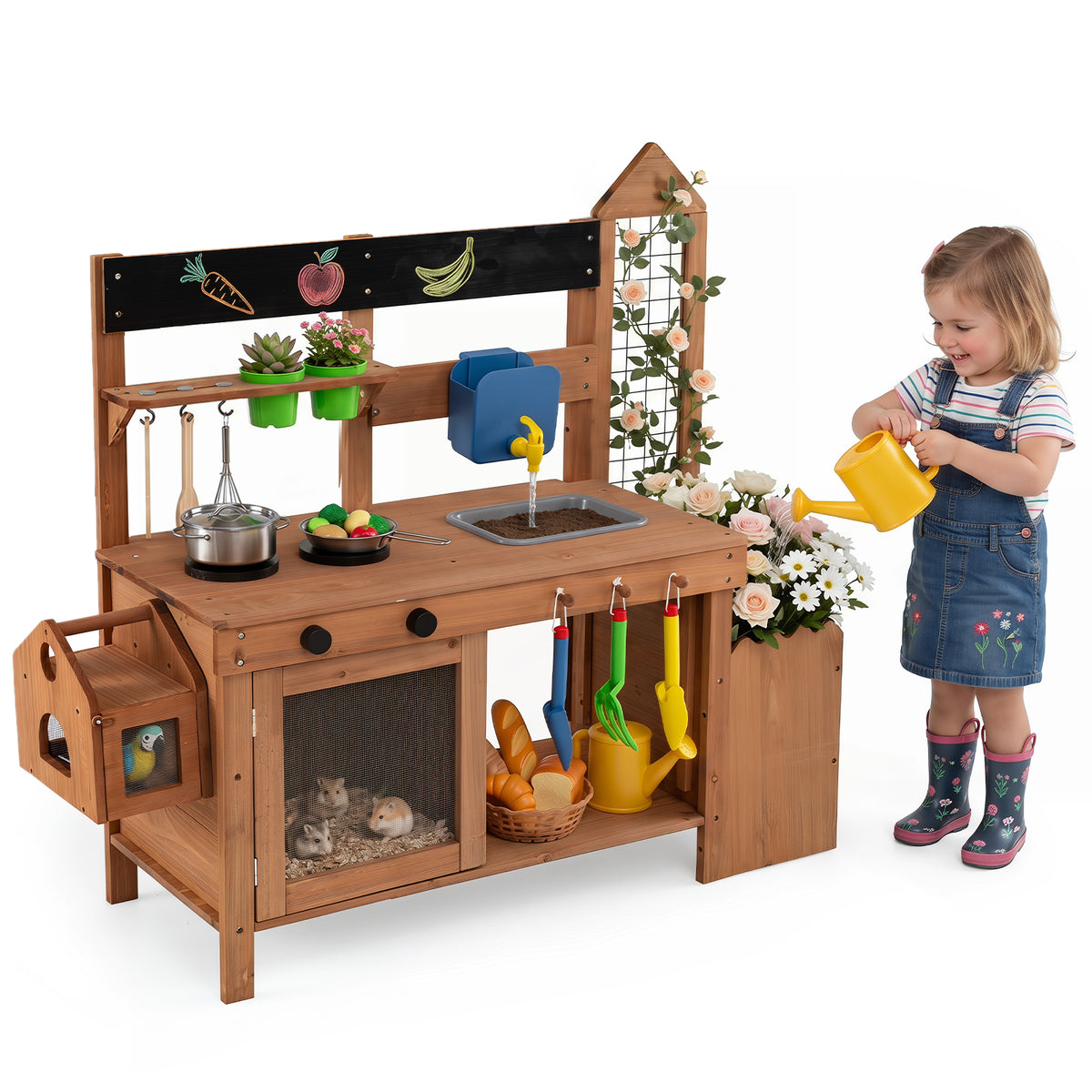 Kids Mud Kitchen, Solid Wood Toddler Kitchen Playset with Detachable Bird Cage, Planter, Trellis