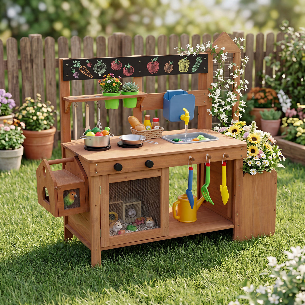 Kids Mud Kitchen, Solid Wood Toddler Kitchen Playset with Detachable Bird Cage, Planter, Trellis