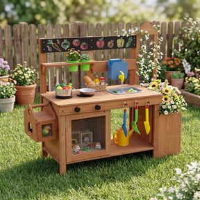 Kids Mud Kitchen, Solid Wood Toddler Kitchen Playset with Detachable Bird Cage, Planter, Trellis
